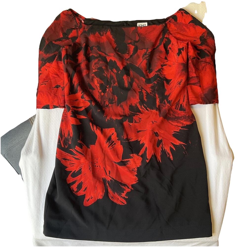 Donna Ricco Women Dress 16 Black Red Floral Sheath 3/4 Sleeve Knee Length